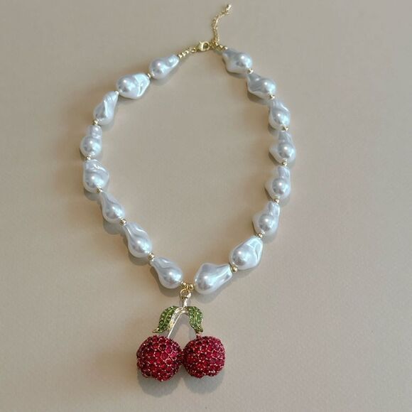 Elegant Pearl Necklace with Cherry Pendant N1490 - Picture 2 of 4